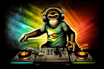 Sticker - Cool monkey dj works at the dj console. AI generated.