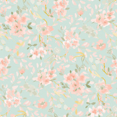  Spring summer green delicate seamless pattern with blooming apple tree or sakura.