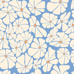 Wall Mural - Retro floral seamless pattern with white Groovy Daisy Flower on blue background. Vector Illustration. Abstract Aesthetic Modern Art for wallpaper, design, textile, packaging, decor.