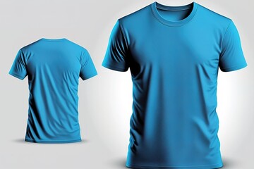Wall Mural - Blue blank men T-shirt template with invisible model body, empty crewneck shirt front and back view tees