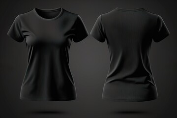 Woman empty black T-shirt template invisible model body, empty crewneck shirt front and back view