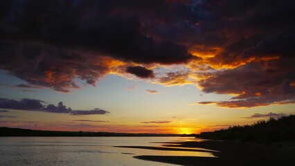 Wall Mural - dramatic red sunset river landscape, timelapse, 4k