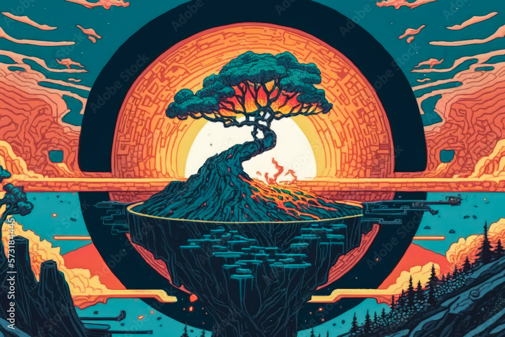 fantasy bonsai tree on a massive rock formation during sunset colorful  Japanese comic cartoon UKIYO-E woodblock print isolated in a circle, dark  background (generative ai) wallpaper artwork Stock Illustration | Adobe  Stock