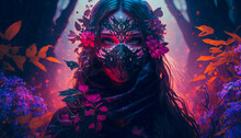 Beautiful Witch Woman Wearing Flowers Mask On Dark Forest Background. Generative AI