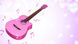 Pink guitar with music notes flying on a romantic background with bokeh hearts, vector illustration.
