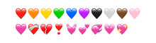 Iphone Whatsapp Heart Emojis Set. Sparkling, Growing, Two Hearts, Beating, Revolving, Broken, Mending, Heart Exclamation, Red, Orange, Yellow, Green, Blue, Purple, Brown, Black, And White Emoji.vector