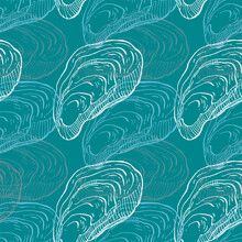 Oysters Seamless Pattern. Hand Drawn Sketch Vector Seafood Illustration. Engraved Retro Style Mollusks. Modern Food Background
