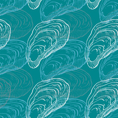 oysters seamless pattern. hand drawn sketch vector seafood illustration. engraved retro style mollus