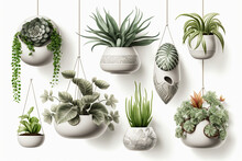 Collection Of Beautiful Plants Hanging In Ceramic Pots Isolated On White