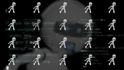 Wall Mural - multiple chatbots a.i. animation with big one blurred and programming text binar code animated in bl