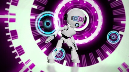 Wall Mural - chatbot robot dancing on hud interface scifi futuristic hologram background. a.i. humanoid have a pa