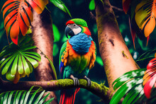 Beautiful Colorful Parrot Resting On A Rainy Day In The Amazon Jungle. Exotic Parrot Perched On A Trunk In The Jungle, Illustration, Generative AI