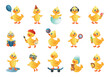 © Natalia - Cute duck chicks. Duckchicks activities. Student babies with books and magnifier. Teacher and yellow animals. Duckling poses or actions. Funny characters. Vector tidy illustration set