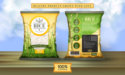 Thai jasmine rice. 3D packaging for solid food products. Organic dessert or fresh eat logo. Natural Thailand grain label design. Vegan nutrition. Vector exact realistic package template