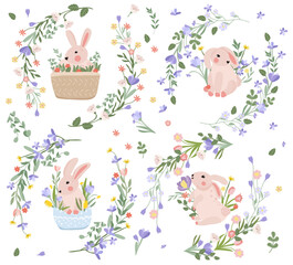  Bright compositions with a cute rabbit, a wreath of flowers, leaves, hearts. Spring-summer flowering. Flowers of chamomile, lavender, crocuses, tulips. Vector graphics.
