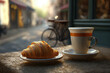  A cup of coffee and a croissant at a sidewalk cafe (Generative AI)