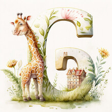 Cute Giraffe And Letter G: Exploring Nature And Learning The Alphabet, Watercolor Illustration Kids AI Generative