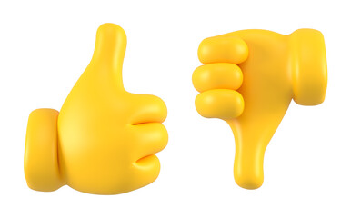 Poster - Yellow emoji hand showing like and dislike gesture isolated. Set of different gestures icons, symbols, signals and signs. 3d rendering.