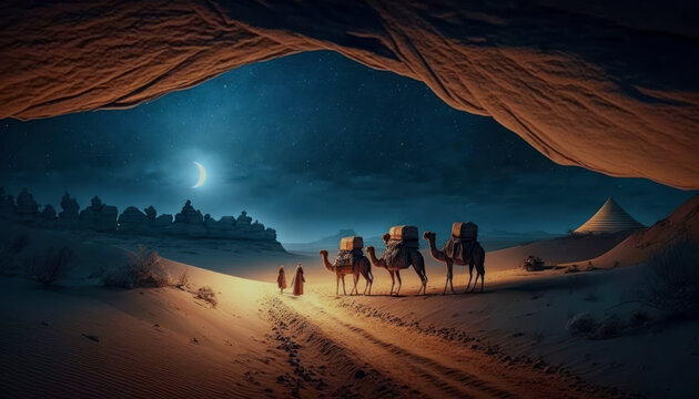 camels in the desert at night, caravan on the sand dunes, crescent moon on starry sky, ramadan conce
