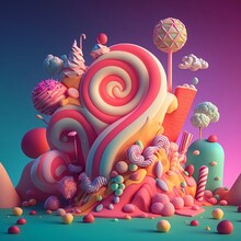 3D Rendering. A Dream Like World. Made From Candies And Sweets. Cartoon Game Background.