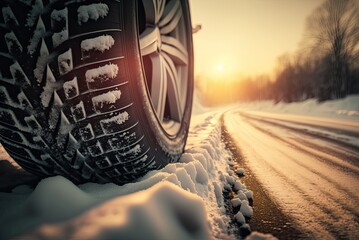 Wall Mural - Closeup of car tires in winter on the road covered with snow. Ai generative.