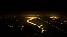 Nile River Seen From The Space During Night With Visible Cities Lights