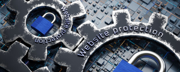 Website data protection concept. Protection of website users. Website protection inscription on a metal gear. 3d render.