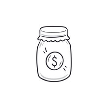 Money Jar Doodle. Money Save Jar Hand Drawn Sketch Style Icon. Business Investment, Financial Charity Doodle Drawn Concept. Vector Illustration.