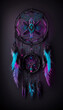Neon glowing black dreamcatcher on a dark wall. Generative AI