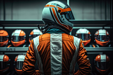 driver in protective helmet and uniform stands in formula one racing . Ai generative