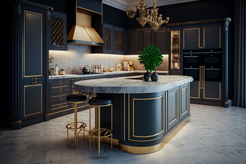 Wall Mural - Stylish cozy kitchen island in luxury house. Idea for interior design. AI