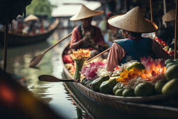 traditional thai floating market with vendors selling fresh produce and cooked food, surrounded by b