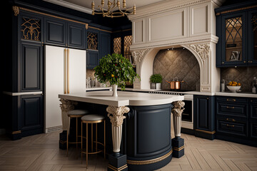 Wall Mural - Stylish cozy kitchen island in luxury house. Idea for interior design. AI