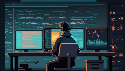  A male programmer is sitting in front of a computer screen in his office. software developer writing code while using computer and data systems in an office