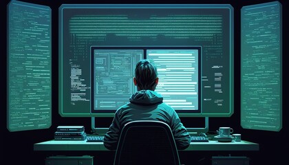  A male programmer is sitting in front of a computer screen in his office. software developer writing code while using computer and data systems in an office