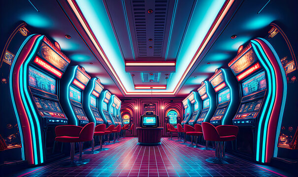 Wall Mural -  - Luxury casino interior with blue neon lights. Postproducted generative AI illustration.