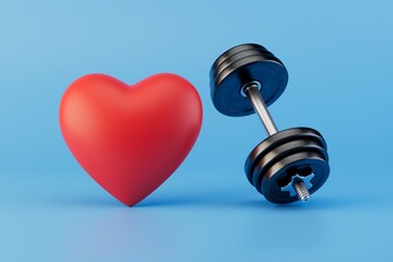 Wall Mural - the concept of cardio loads. heart and dumbbell on a blue background. 3D render