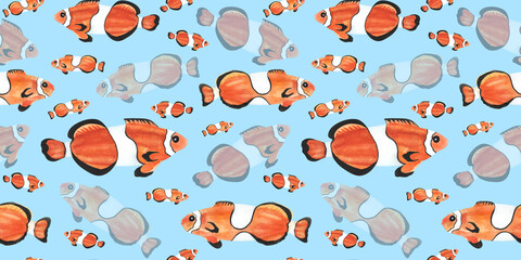 Wall Mural - Tropical reef clown fish colorful watercolor seamless pattern