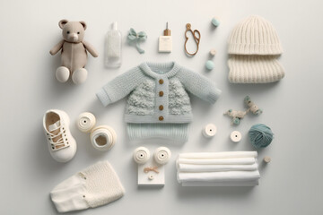 Newborn accessories on white background, ai generated