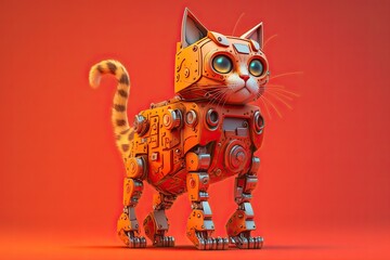 Poster - Robotic Cat with a Red Background and Copy Space (Created with Generative AI)