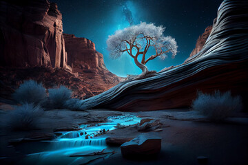 Wall Mural - Dry tree in the middle of the desert under the stars with waterfall in winter landscape background,  night light,  AI Generative  illustration
