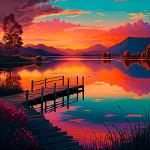 River, Sunset And A Small Pier. High Quality Illustration