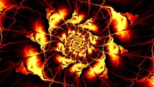 Continuous Motion Of Yellow And Red Fractal Particles On Black. Fiery Curve Rays, Fluids Rotating And Making Spiral Floral Pattern. Fire Performance Concept. Flamy Flower Background. 4K UHD 4096x2304
