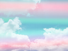 Beauty Sweet Pastel Pink Green Colorful With Fluffy Clouds On Sky. Multi Color Rainbow Image. Abstract Fantasy Growing Light