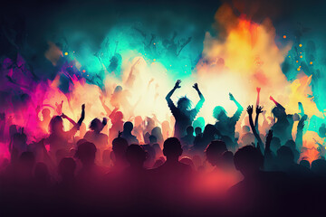 Wall Mural - Silhouette of people at concert or music festival with neon lights. AI