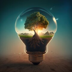 Canvas Print - realistic 3D environment and Earthday concept. the lightbulb has a tree inside it. Lightbulb with a tree growing on it. The ecological notion of saving the earth with green energy. Generative AI