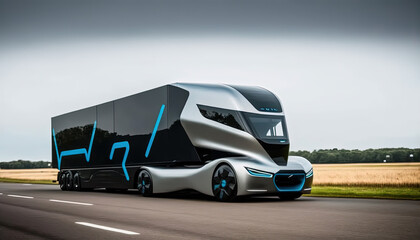 Wall Mural - Ffuturistic truck, electric vehicle transportation at high speed on highway. Generative Ai