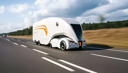 Wall Mural - Ffuturistic truck, electric vehicle transportation at high speed on highway. Generative Ai