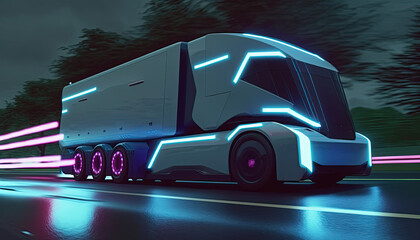 Wall Mural - Ffuturistic truck, electric vehicle transportation at high speed on highway. Generative Ai