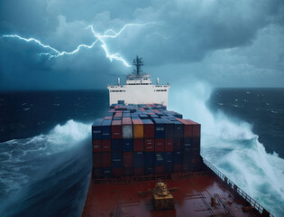 Cargo ship with containers on deck in storm sea stormy sky, cargo transportation in bad weather, ship bridge view. Cargo vessel carrying export goods in ocean, reliable cargo carrier, generative AI